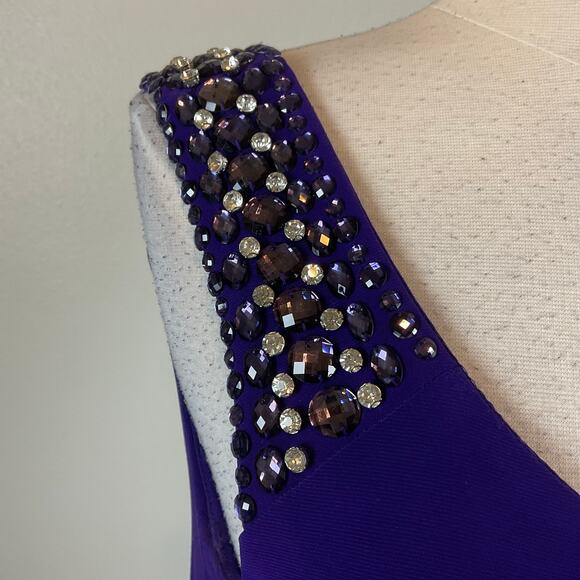 Betsy & Adam One Shoulder Beaded Cocktail Dress Purple Size 4 Ruffled Shift - Picture 9 of 13